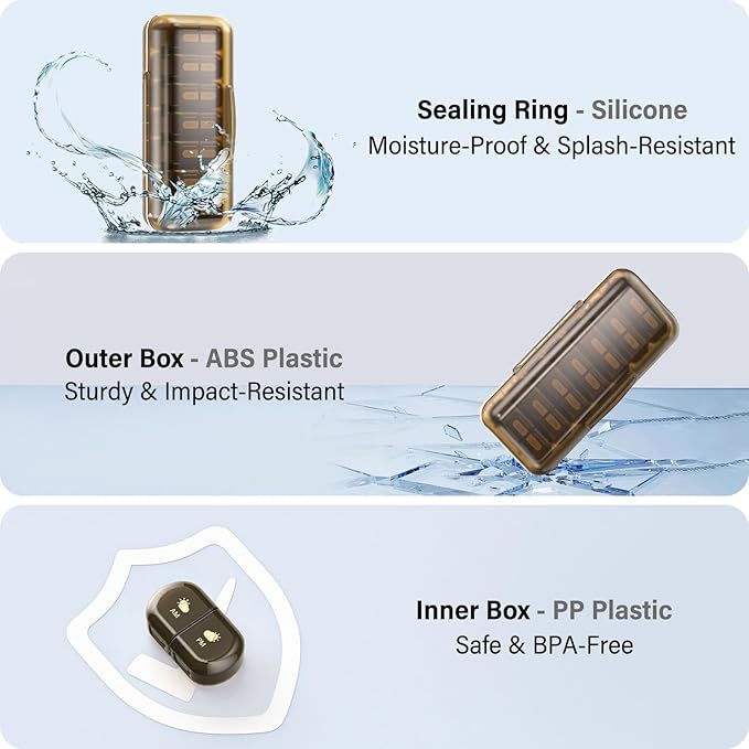 Weekly Pill Organizer 2 Times a Day, Moisture-Proof, Detachable Compartments, AM PM Pill Box 2X 7 Day, Travel Pill Organizer for Pills/Fish Oil/Medication/Vitamin/Supplements (Brown)