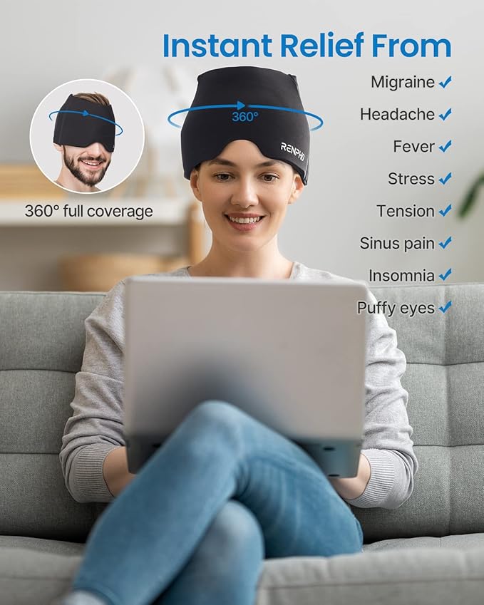 Migraine Relief Cap FSA Eligible HSA, Headache Relief Cap, Ice Head Wrap with Hot or Cold Therapy, Ice Hat, Hangover Relief Products, Migraine Mask for Anxiety Relief, Gifts for Migraine Sufferers