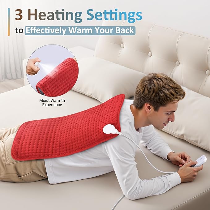 Comfytemp Heating Pad for Back & Period, Electric Extra Large Heat Pad, Birthday Gifts for Women Mom Dad & Mother Day Gift, Moist Neck Shoulder Legs Arm Abdomen Knee Heated Pad Washable, 12"x24", Red