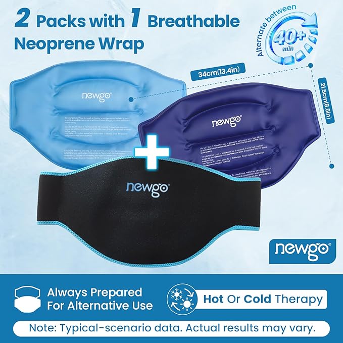 NEWGO Gel Ice Pack for Back Injuries and Pain Relief, 2 Pack Lower Back Ice Pack Wrap for Hot Cold Therapy, Lumbar Surgery, Sciatica, Herniated Disc, Coccyx Tailbone Pain - Black