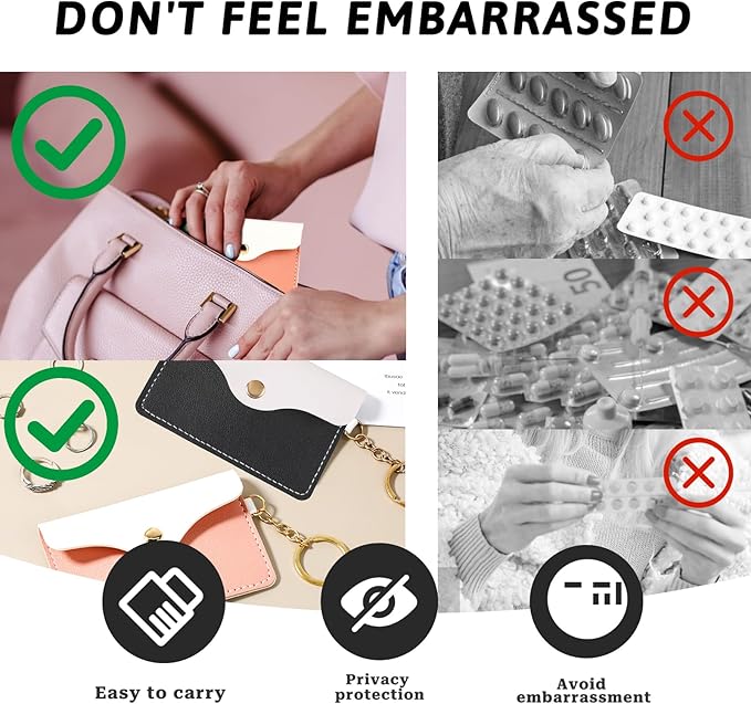 2 Pack Contraceptive Medicine Holder Birth Control Pill Case Sleeve Packet PU Leather Wallet Pill Holder, Birth Control Case with Snap Closure and Keyring, 4.33 x 2.87 Inch, Black/Pink