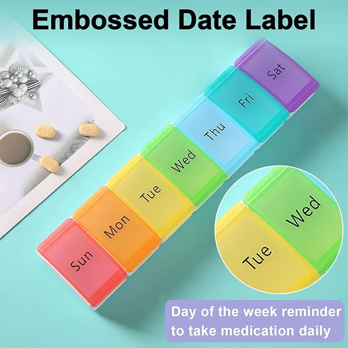 Pill Organizer Large, Weekly 7-Day Tablet Case Dispenser, Travel Medicine Pill Box Holder Container for Medication, Supplements, Fish Oil, Capsules (White, 7-Color lid