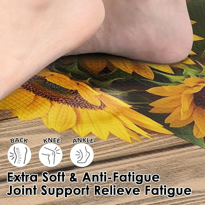 Anti-Fatigue Sunflower Kitchen Rug Set of 2 Cushioned Wooden Background Mat for Floor, Standing Waterproof Non-Slip Rug PVC Ergonomic Comfort Foam Kitchen Decor