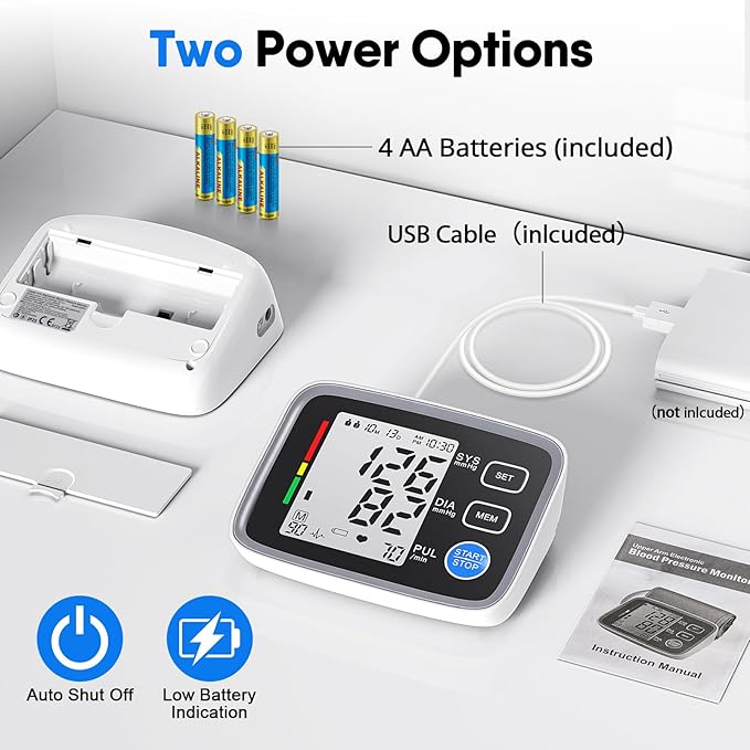 Upper Arm Blood Pressure Monitor for Home Use 2 Cuff Sizes, 9-17'' & 13-21''Extra Large BP Cuff Automatic Digital Blood Pressure Machine 2 Users 180 Memories USB Cable 4 AA Batteries