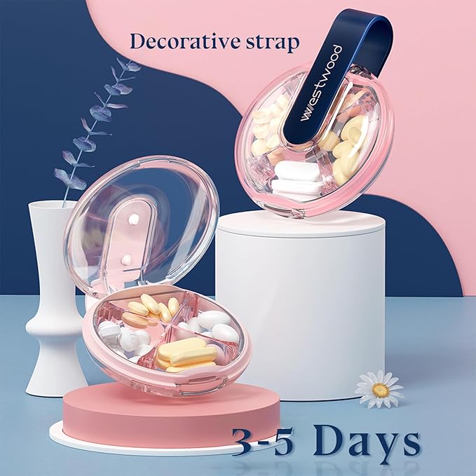 Easy-Grip Round Small Pill Organizer - 4 Compartment Travel Case Compact Pill Box with Strap, Portable and Moistureproof for Vitamins/Medication/Supplements(Pink)