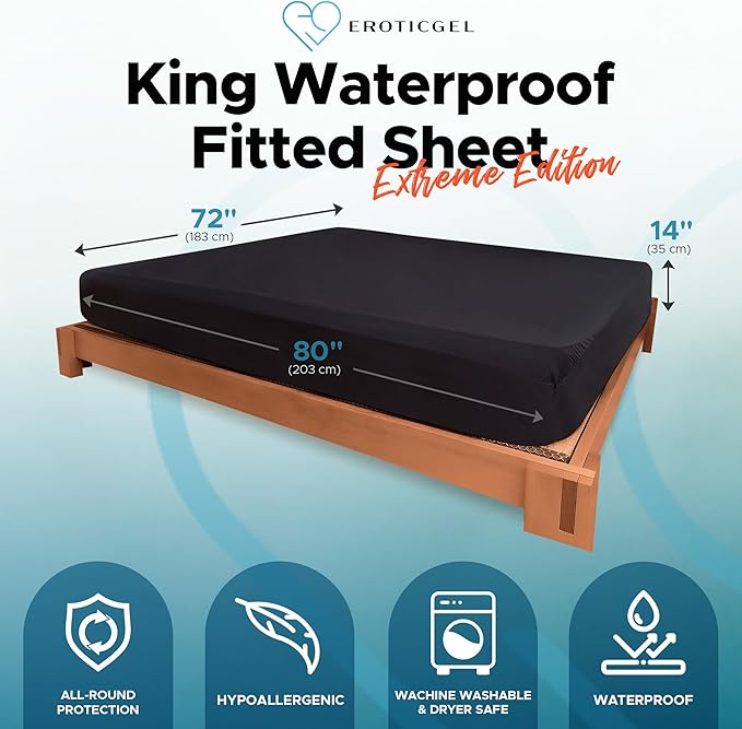 Extreme King Waterproof Fitted Sheet, 14'' Deep Pocket, 100% Black Mattress Protector, Safe with Oil, Water-Based, & Silicone-Based Massage Products, Machine Washable, Noiseless, Hypoallergenic