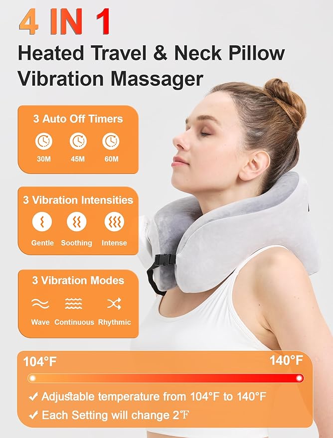CAMECO 4 in 1 Neck Heating Pad & Massager & Nap Pillow & Travel Pillow for Pain Relief, 5000mAh Cordless 3D U-Shaped Vibration Massage Heated Neck Wrap for Traveling Sleeping Airplane, Memory Foam
