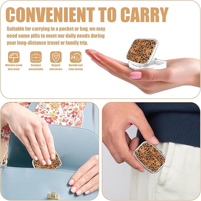 Pill Box-2 Compartment Small Pill Case Square Organizer Case with Mirror Portable Metal Medicine Box Travel Container for Pocket & Purse Women Men(Brown Leopard)