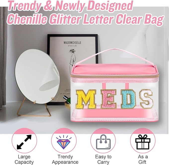 Chenille Letter MEDS Makeup Pouch, Waterproof Portable Medicine Organizer for Travel, Preppy Small Zipper Pouch with Handle, Nylon Nurse Toiletry Bag (MEDS-Pink)