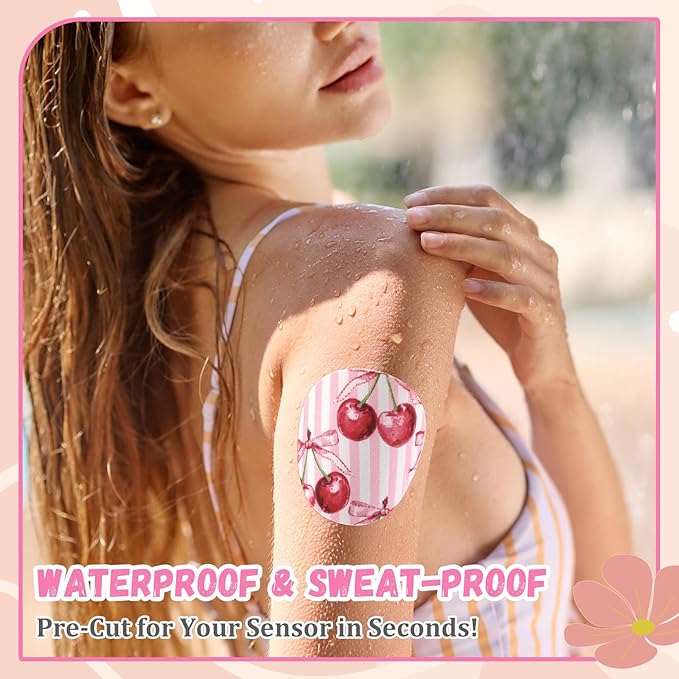 Geiserailie 30 PCS Adhesive Patch Compatible with Libre 3 Pre-Cut Flowers Pink Bow NO Glue in The Center Sensor Cover for Continuous Glucose Monitor Long Fixation Flexible Breathable