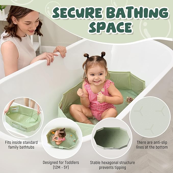 Toddler Bathtub for Shower (12M-5Y) – Large Collapsible Portable Tub Converts Shower Stall to Bath – Sturdy, Non-Slip with Mesh Storage Pocket & Fast Drain for Kids & Small Bathroom