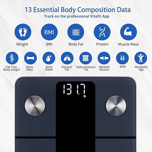 Vitafit Smart Scale for Body Weight, High Accuracy 0.1lb by Our Professional Factory Since 2001, Weight Scale App Sync 13 Body Composition with BMI, Body Fat and Muscle, 400lb, LED, Black