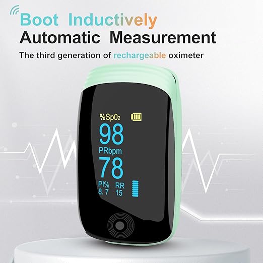 Fingertip Pulse Oximeter with Respiration Rate Monitoring, PI & RR Measurements, Rechargeable Blood Oxygen Monitor with Heart Rate and Fast Spo2 Reading, Pulse Ox with OLED Display, 6 View Modes & Auto-Rotating Screen (Green)