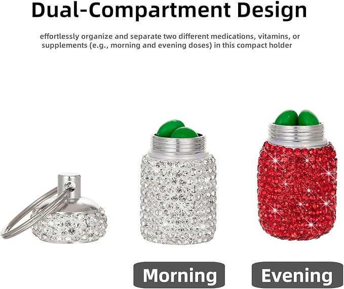 Dual-Compartment Small Pill Holder Keychain Bling Pill Container with Key Chain Travel Pill Organizer Medicine Box for Women (White+Red)
