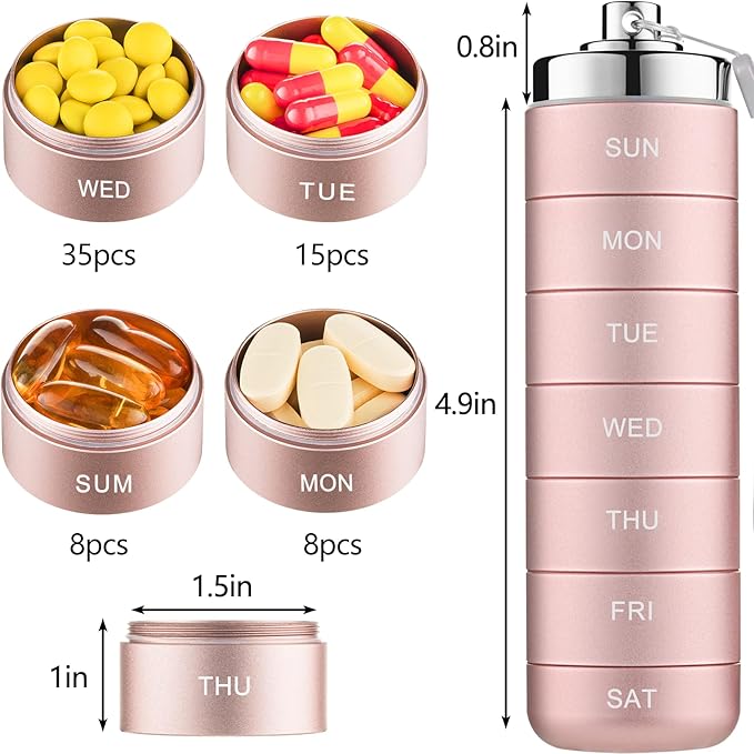 Mossime Metal Travel Pill Organizer, Portable 7 Day Vitamin Organizer Stackable, Waterproof 1 Times A Day Pill Box, Large Pill Container, Daily Medicine Organizer for Vitamin, Fish Oil, Supplement