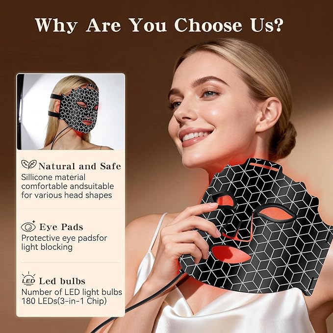 Red Light Therapy Mask for Face, 4 Modes Portable Led Face Mask Light Therapy with Remote, 180 LED Beads, Infrared Mask for Home Working Travel Yoga