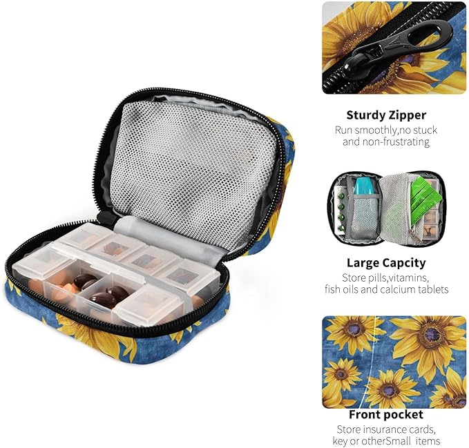 Travel Pill Case Yellow Sunflowers on Blue 7 Day Small Portable Pill Case Weekly Vitamin Storage Organizer with Zipper