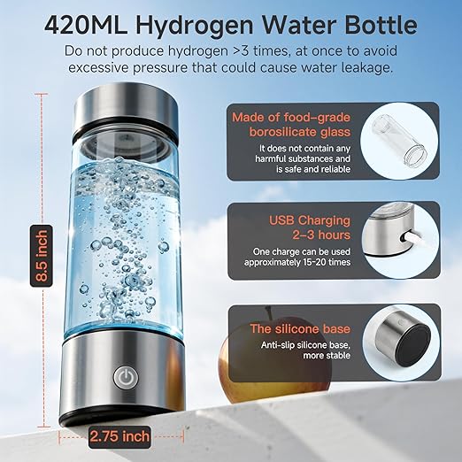 Upgraded 2200PPB Hydrogen Water Bottle Generator, 3-Minute Fast Electrolysis with SPE/PEM Technology, Portable Rechargeable Ionizer for Antioxidant Rich Water, 16oz Borosilicate Glass for Gym Travel