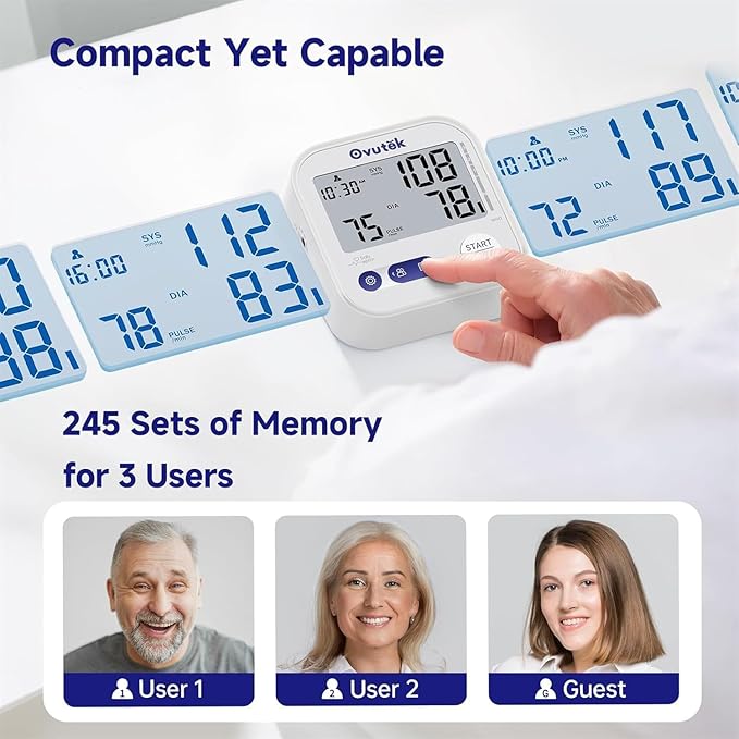 Ovutek Blood Pressure Monitors for Home Use, Automatic Digital Blood Pressure Cuff with Large Cuff for Upper Arm, 2 Users x 120 Sets Memory, Manual Arm Blood Pressure Machine with Backlight (White)