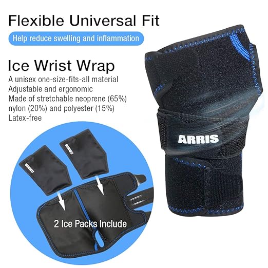 Wrist Ice Pack Wrap for Carpal Tunnel Relief - Hand Support Brace with 2 Reusable Gel Packs Hot Cold Compress for Rheumatoid Arthritis, Tendonitis, Sports Injuries, Swelling, Bruises & Sprains