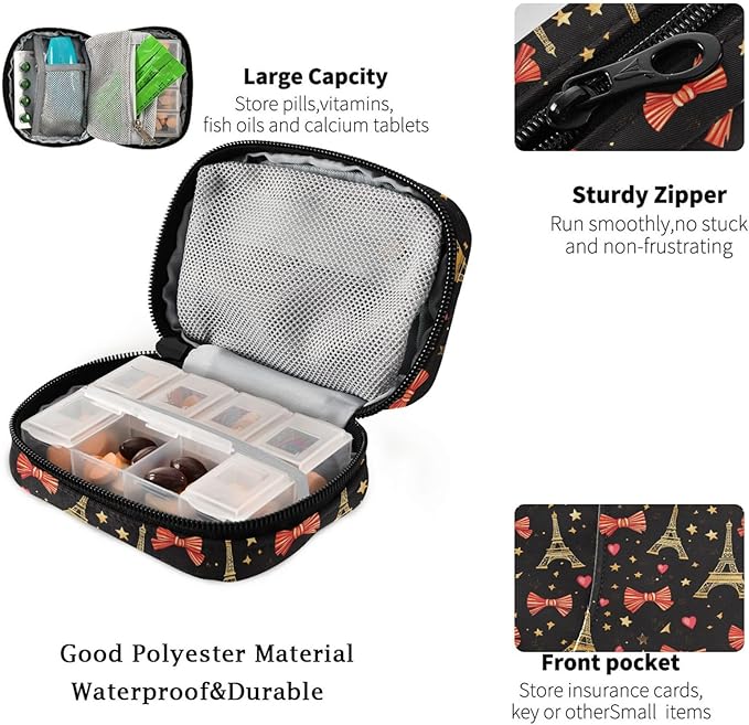 Fustylead Hand Draw Golden Eiffel Towers Hearts Stars Bow Tie Travel Pill Organizer Bag with Zipper Small Pill Box 7 Day Pill Case for Purse Storage Weekly Vitamin Medicine Supplement