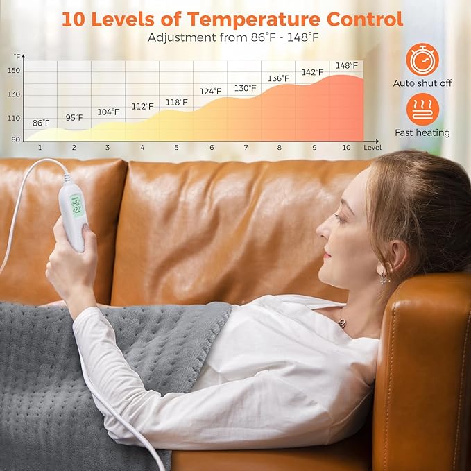 NOWWISH Heating Pad for Back Pain Relief & Period Cramps, 33x17 Inches Electric Heating Pad with 10 Heat Settings, Timer and Auto Shut-Off, Machine Washable, Mothers Day Gifts for Mom Women, Grey