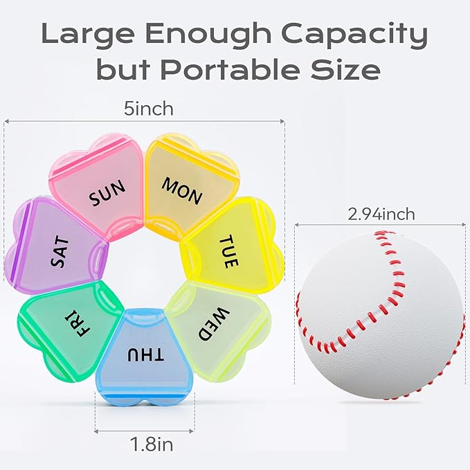 Pill Organizer Weekly - Cute Medicine Pill Organizer 7 Day, Large Daily Pill Box for Travel, SHIJOINYU Pill Dispenser Case 1 Time a Day for Medication/Supplement/Fish Oil (Rainbow)