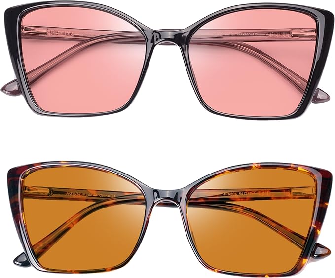 Women's 2 Pack Indoor Fluorescent-41 Rose & Outdoor Fluorescent-60 Brown Cat Eye Tinted Blue Light Blocking Glasses for Migraine, Light Sensitivity, Photophobia LED Gaming Computer Screen Glare