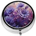 Purple Flower Pattern Print Pill Box 3 Compartment Small Pill Case Portable Pill Box for Pocket Or Purse Cute Medicine Organizer Holder to Hold Vitamins Medication