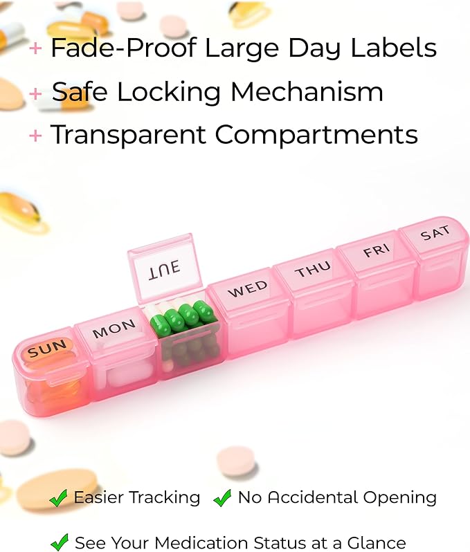 2-Pack Weekly Pill Organizer, 7 Day Large Pill Box with Clear Compartments, BPA-Free Medicine Case, Easy Open & Secure Close, Travel Pill Holder for Vitamins & Supplements - Pink&Purple