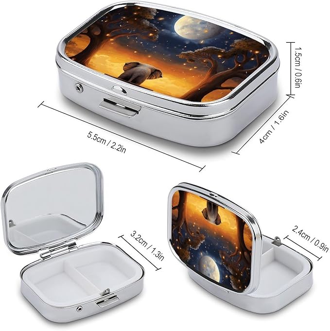 Animal Elephant Owl Tree Moon Star Pill Box Small Metal Pill Case for Purse & Pocket 2 Compartment Pill Organizer with Mirror Travel Pillbox Medicine Case Portable Pill Container Unique Gift