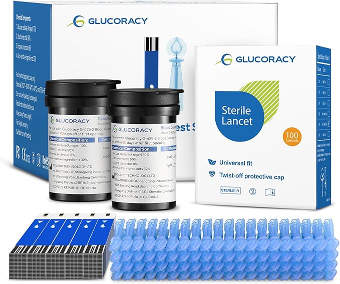 Glucoracy G-425-2/G-425 Blood Glucose Test Strips, Only for Glucoracy G-425-2/G-425 Meter Kit, 100 Counts Test Strips for Diabetes + 100 Counts Blood Lancets