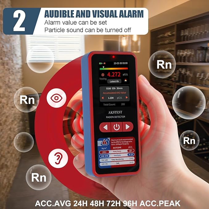 RM-60 Radon Detector with TFT Color Display, Long-Term Radon Monitor for Home, Basement, Audible & Visual Alarms, USB Type-C Rechargeable, pCi/L or Bq/m³
