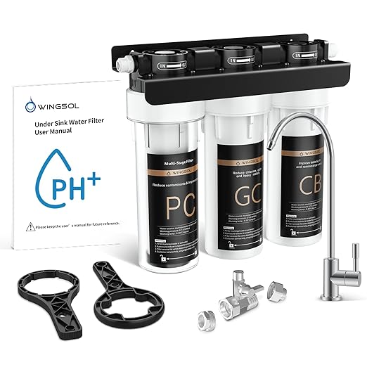 WINGSOL Water Filter for Sink with Faucet, 3-Stage Deep Filtration, Reduce Heavy Metals/Chlorine/PFAS/Odor/Sediment, NSF/ANSI 42&53 Improve Taste, Life Indication Mineral pH+ Under Sink Water Filter
