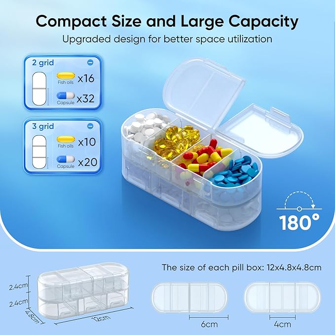 Weekly Pill Organizer, 2/3/4 Times a Day, Double-Sided Opening Design, Portable Pill Box for Storing Medication/Vitamins/Fish Oils/Supplements (Variable Grids White Black 2PC)