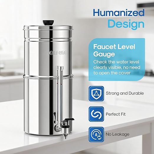 ICEPURE 2.25G Gravity-fed Water Filter System with Sight Glass Spigot, 304 Stainless Steel Countertop System, 2 Black Carbon Filters, Reduce 99% Chlorine, Lead for Home, Camping, Emergencies