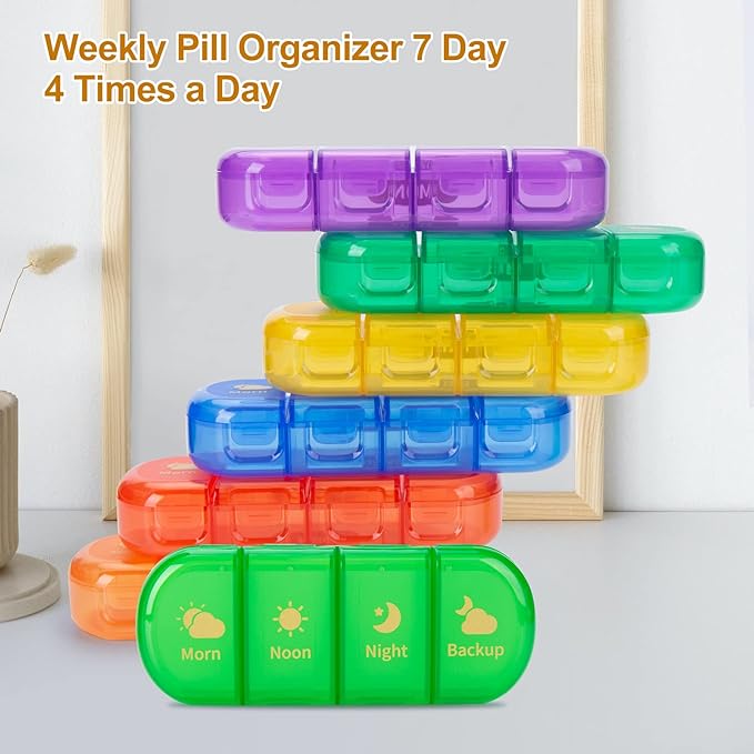 MURRI&MURRDI Pill Organizer 4 Times a Day, Daily Pill Box Large Weekly Medicine Case 7 Day Pill Dispenser Holder for Pills, Vitamins, Fish Oils, Medications, Supplements (28 Cells, Multicolored)