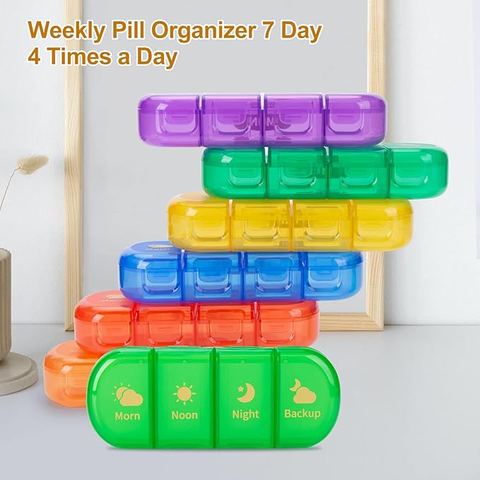 MURRI&MURRDI 7-Day Pill Organizer with 28 Cells, Large Weekly Pill Case for 4 Daily Compartments, Moisture-Proof Travel Pill Box for Vitamins, Medications, Supplements, Multi-Color
