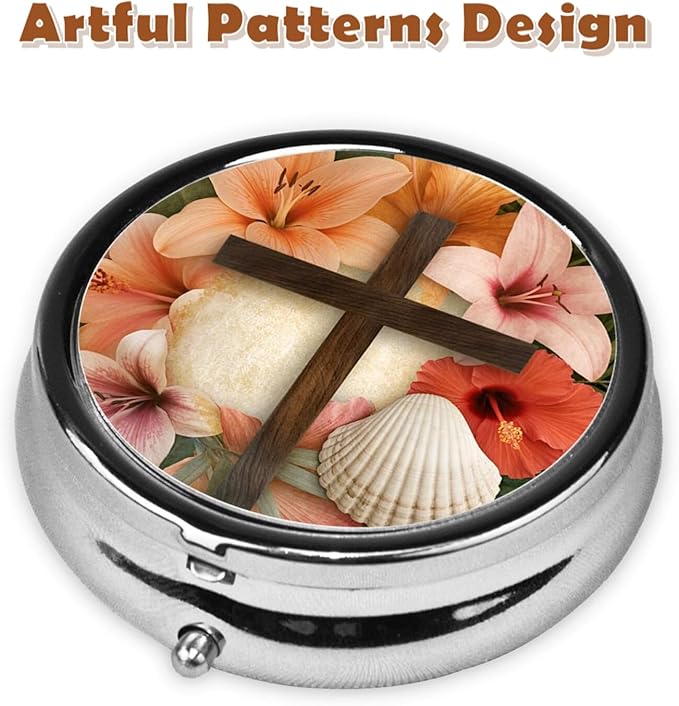 Metal Pill Organizer - 3-Compartment Mini Round Pill Case for Pocket & Purse, Portable Vitamin Holder, Easy-Open Design for Travel - The Christian Cross