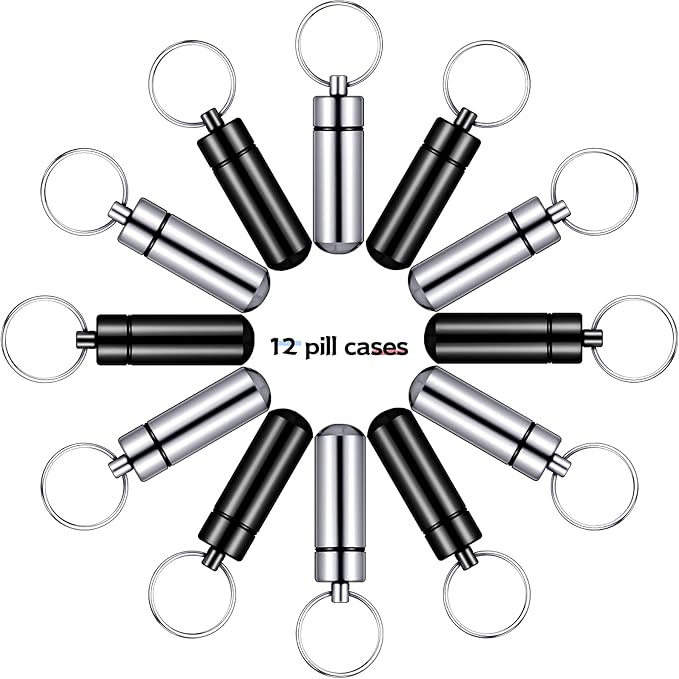 Patelai 12 Pcs Portable Keychain Pill Holder Mini Pocket Pill Case for Men Women Aluminum Geocache Containers Waterproof Metal Medicine Bottle Organizer for Outdoor Camping Travel(Black and Silver)