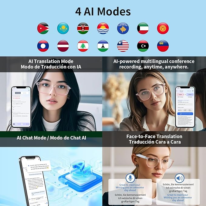 Smart Glasses for Women, AI Translation Bluetooth Glasses, Real-Time Translator, Open Ear Blue Light Filtering Lenses, Supports 165+ Languages, language translator for Traveling Learning(Clear)