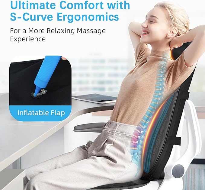 Shiatsu Neck & Back Massager with Heat, Massage Chair Pad Cushion for Stress Relief, Inflatable Flaps Back Support, Kneading or Rolling Chair Seat Massage