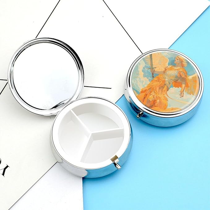 Angel Holding Sword Pill Box Travel Pill Case for Purse Pocket Weekly Medicine Organizer with Mirror 3 Compartment Round Medicine Case Portable PillcaseHolder for Daily