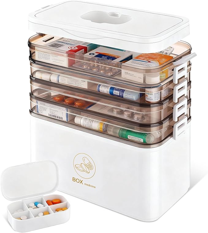 5-Tier Medicine Organizer-12 x 7 x 12.2 Inch Portable Medicine Cabinet Organizer with Plastic Handle All-Purpose Medical Box with Complimentary Portable Pill Box Empty First Aid Kit for Home