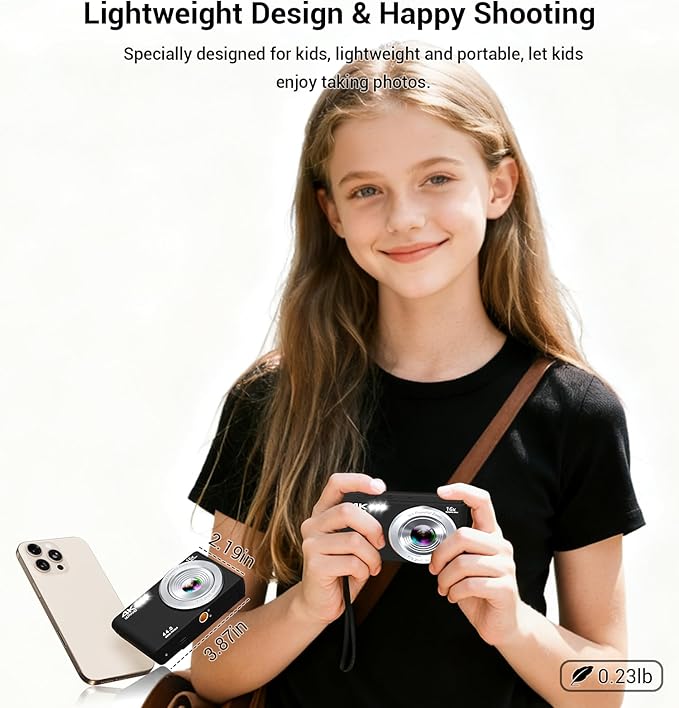 Digital Camera 4K, Autofocus Digital Compact Digital Camera,16X Digital Zoom Upgraded Travel Camera with 64GB SD Card,2 Batteries,Small Camera for Teens Kids Boys Girls,Black