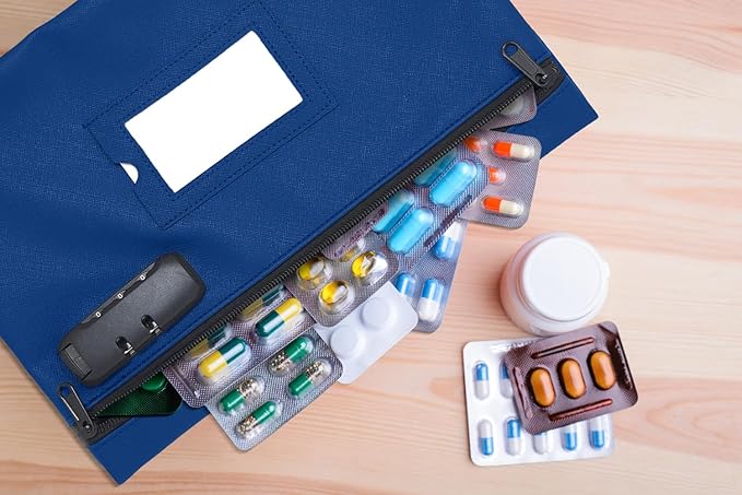 Medicine Bag with Lock | 12x8 Inch Med Bag | Medication Bag for Traveling | Small Medication Travel Bag | Kids Medicine Bag | Pills Locking Zipper Pouch Storage Case Organizer (Navy blue)