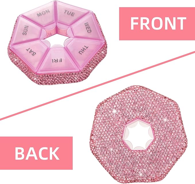 Round Pill Organizer Small Weekly Pill Case for Purse Bling Cute Medicine Pill Box Compact Vitamin Container 7 Day Daily Pill Holder Planner(Pink)