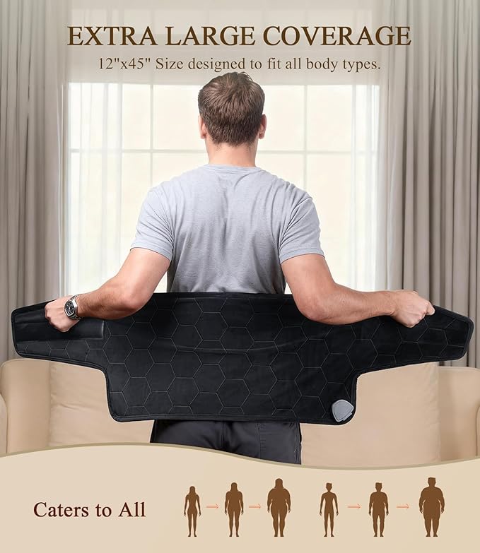 Lower Back Heating Pad: 2X Graphene Extra Hot Heating Wrap for Back Pain Relief - Max 160℉ Heat for Men Waist Deeper Relaxation After Heavy Work - 4H Auto Off 8 Heat Settings (Dark Grey)