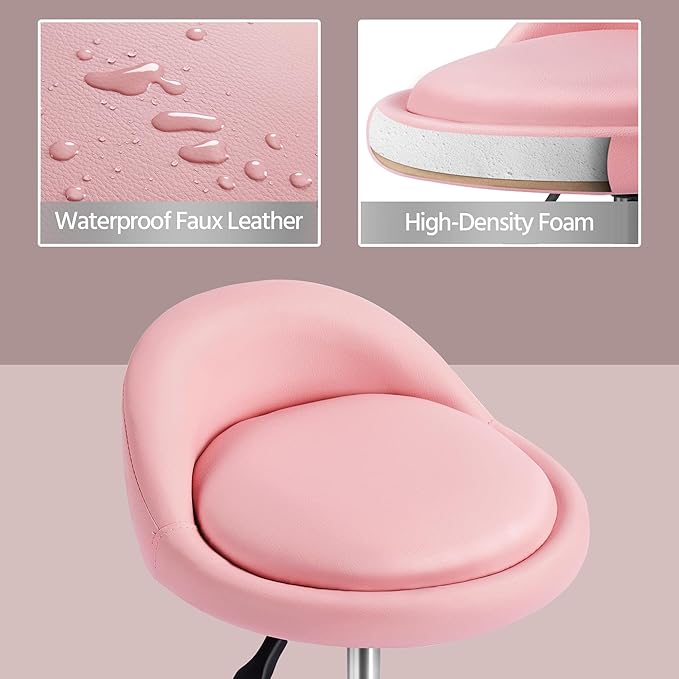 Yaheetech Height Adjustable Rolling Swivel Salon Stool Chair with Backrest Wheels for Tattoo Massage Facial Spa Manicure Dentist Clinic,Pink