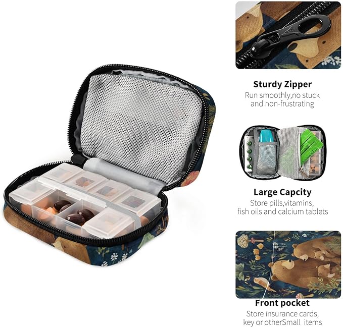 Watercolor Forest Brown Bears Green Travel Pill Organizer Case Box Container Weekly Portable Vitamin Medicine Holder Storage Bag with Zipper Removable